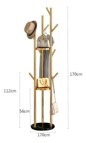 🪞 Perchero de Pie Dorado con Estantes – Elegancia y Funcionalidad en un Solo Mueble