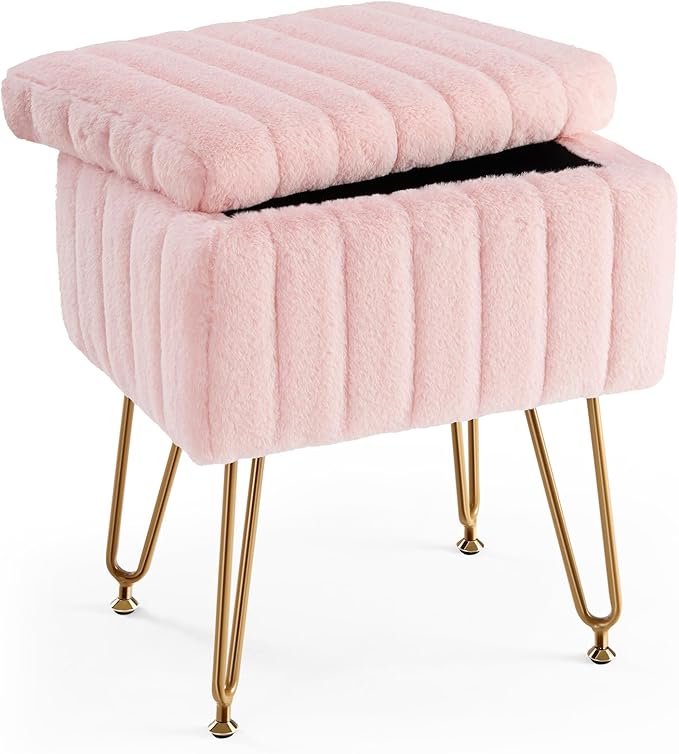 🌟 Silla Banqueta de Piel Sintética con Almacenamiento – Rosado y Dorado 🌟