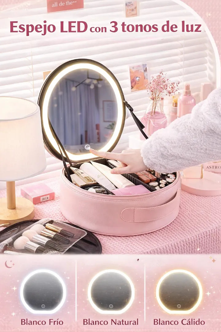 ✨🪞 Neceser de Viaje con Espejo LED – Porta Maquillaje con Manija ✨🪞