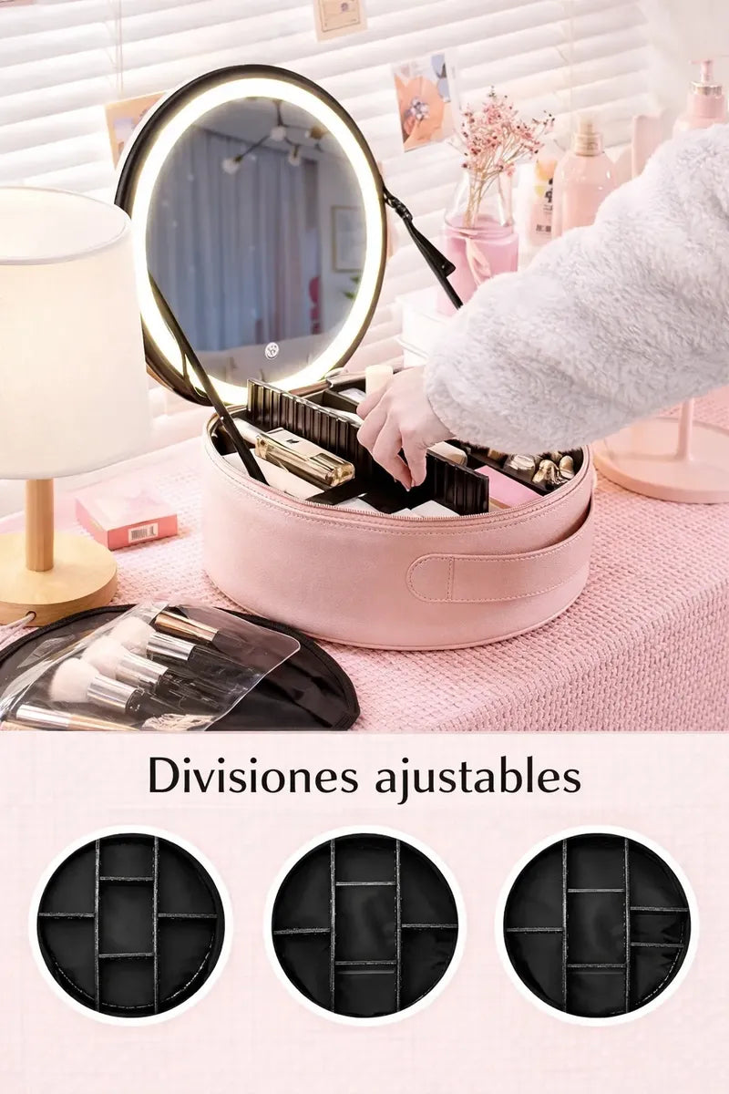 ✨🪞 Neceser de Viaje con Espejo LED – Porta Maquillaje con Manija ✨🪞