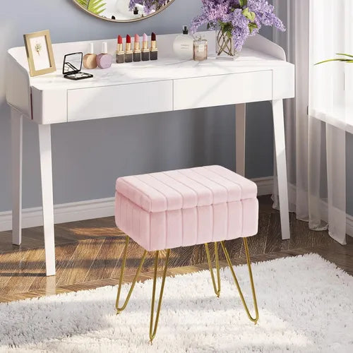 🌟 Silla Banqueta de Piel Sintética con Almacenamiento – Rosado y Dorado 🌟