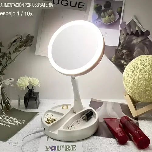 💡 Espejo LED Plegable - Aumento X10 para Maquillaje Perfecto