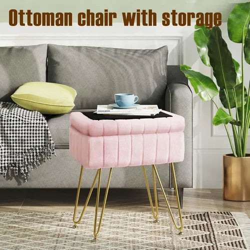 🌟 Silla Banqueta de Piel Sintética con Almacenamiento – Rosado y Dorado 🌟
