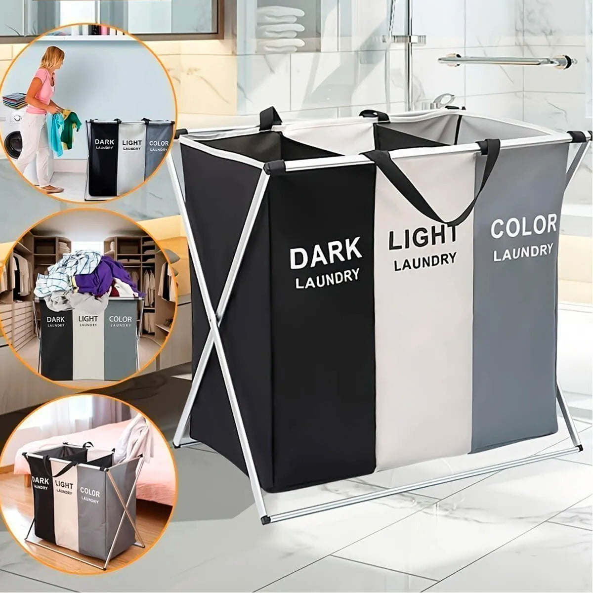🧺 Cesta de Lavandería Portátil Oxford con 3 Compartimentos