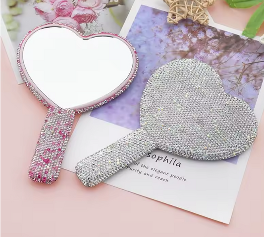 💖 Espejo de Mano con Diamantes de Imitación – Diseño Corazón 💖
